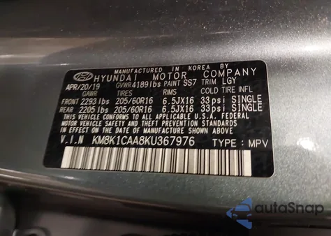 2019 Hyundai Kona Se z USA, uszkodzony, nr VIN KM8K1CAA8KU367976